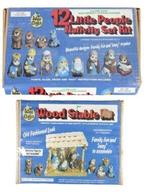 Wee Crafts NIB VINTAGE 12-PC LITTLE PEOPLE NATIVITY SET KIT & WOOD STABLE KIT